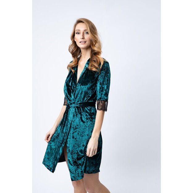 Sha Sha Emerald green velour / shiny velvet dressing-gown / robe decorated with lace PEONY