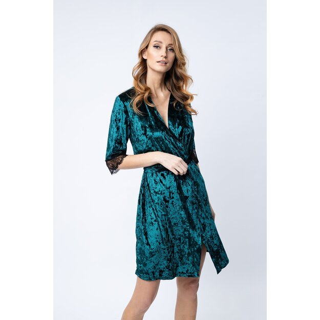 Sha Sha Emerald green velour / shiny velvet dressing-gown / robe decorated with lace PEONY