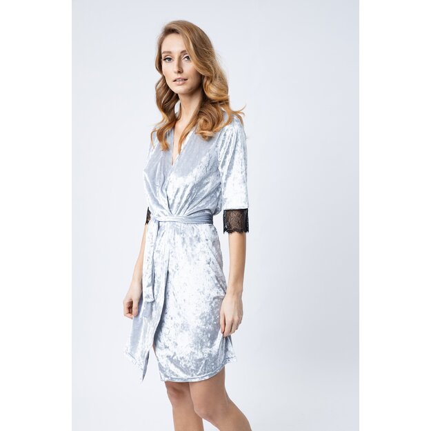 Sha Sha Grey velour / shiny velvet dressing-gown / robe decorated with lace PEONY