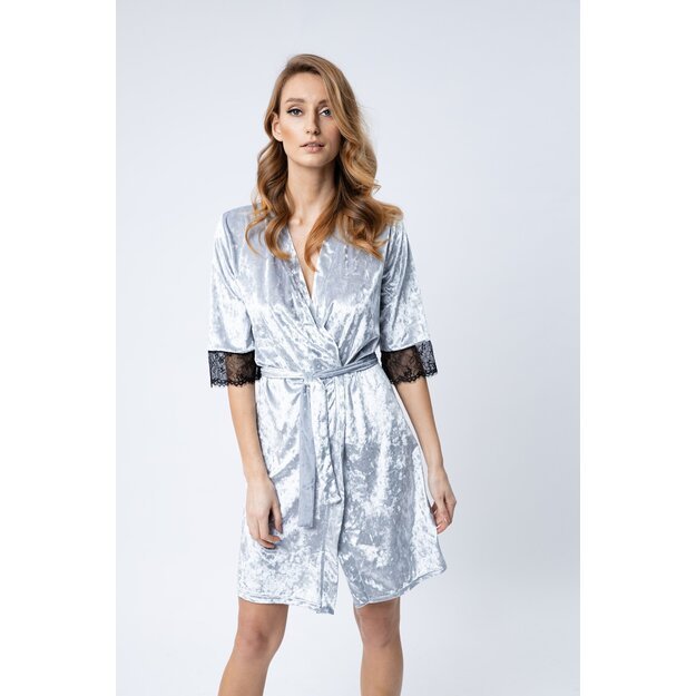 Sha Sha Grey velour / shiny velvet dressing-gown / robe decorated with lace PEONY