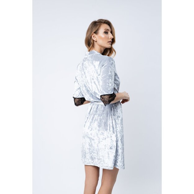 Sha Sha Grey velour / shiny velvet dressing-gown / robe decorated with lace PEONY