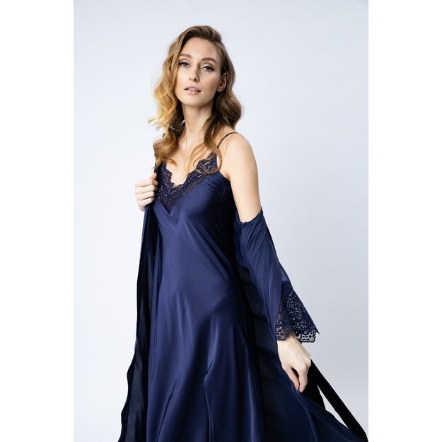 Sha Sha Women silk 2 pieces long navy blue nightgown and silk robe with lace FREESIA