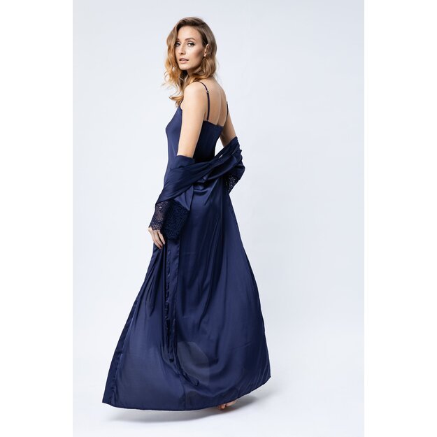 Sha Sha Women silk 2 pieces long navy blue nightgown and silk robe with lace FREESIA