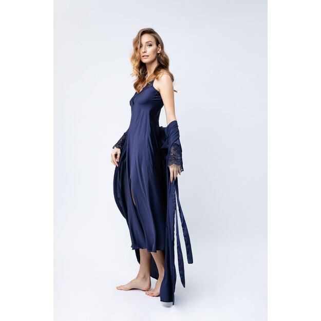 Sha Sha Women silk 2 pieces long navy blue nightgown and silk robe with lace FREESIA