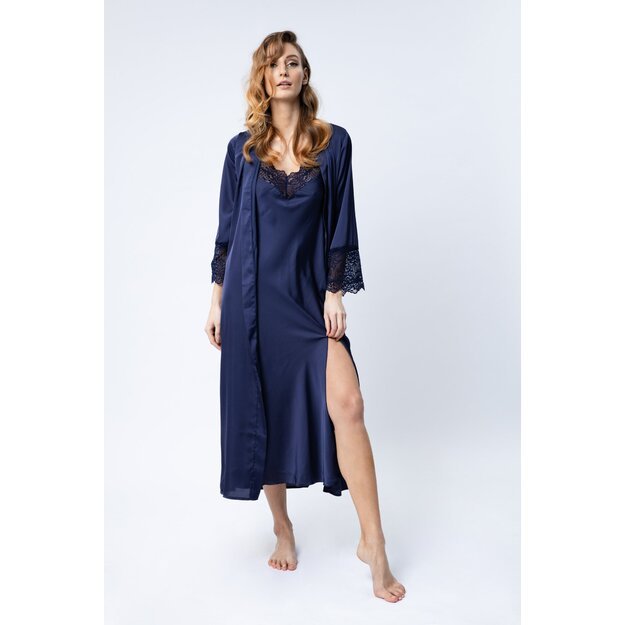 Sha Sha Women silk 2 pieces long navy blue nightgown and silk robe with lace FREESIA