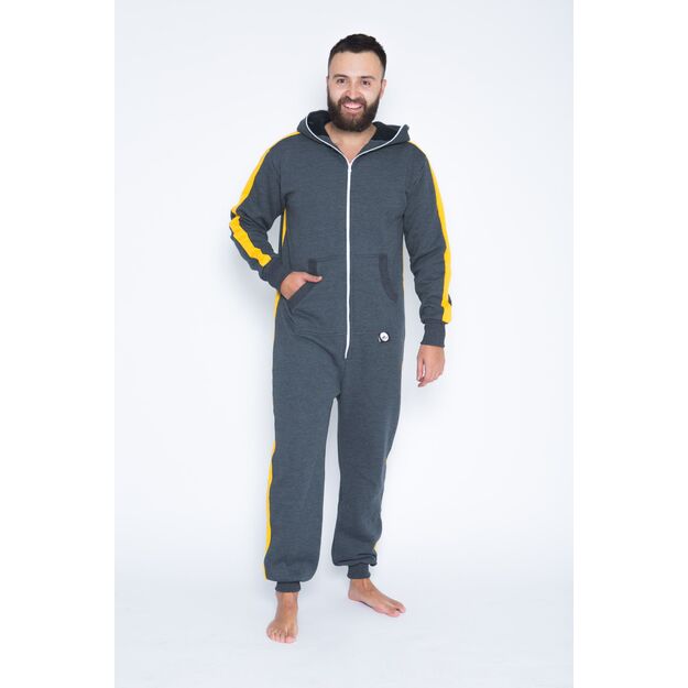 Sofa Killer dark grey onesie with yellow vertical lines