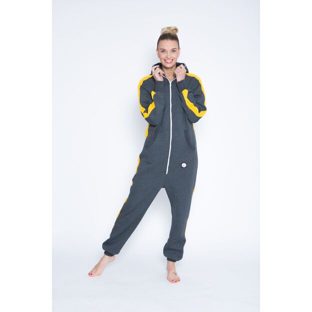 Sofa Killer dark grey onesie with yellow vertical lines