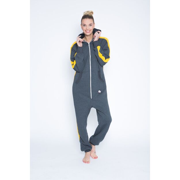 Sofa Killer dark grey onesie with yellow vertical lines