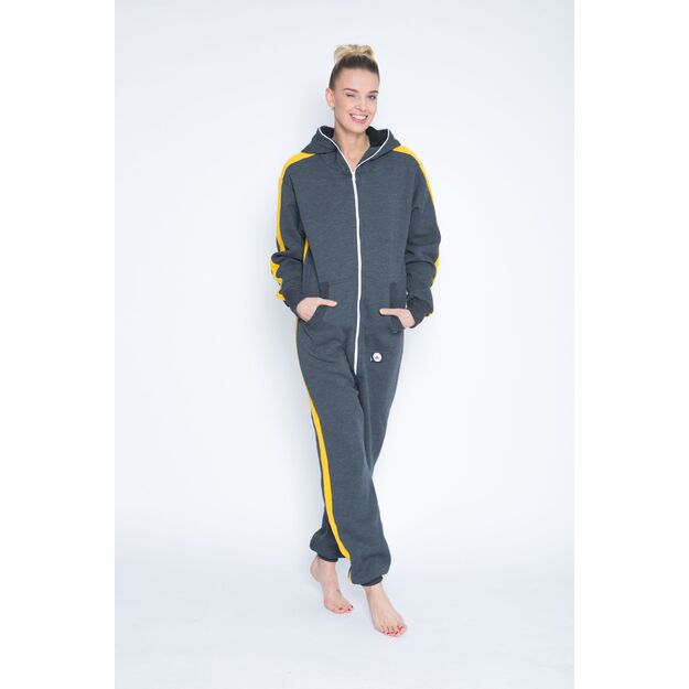 Sofa Killer dark grey onesie with yellow vertical lines