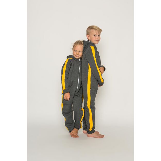 Sofa Killer dark grey unisex kids onesie with yellow vertical lines