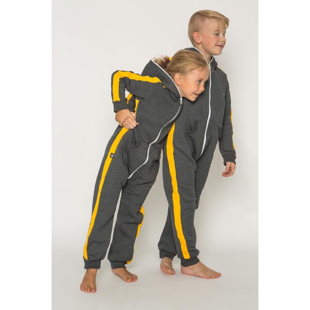 Sofa Killer dark grey unisex kids onesie with yellow vertical lines