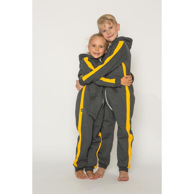 Sofa Killer dark grey unisex kids onesie with yellow vertical lines